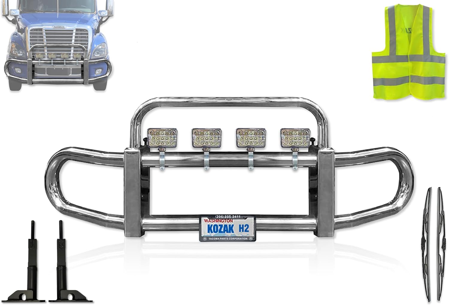 Front Grille Brush Bumper Guard HERD 200 w/Brackets Compatible with Freightliner Cascadia, Evolution 2008-2019, 4x6'' 60 LED lights, 2x22'' Wipers, Logo and Vest included
