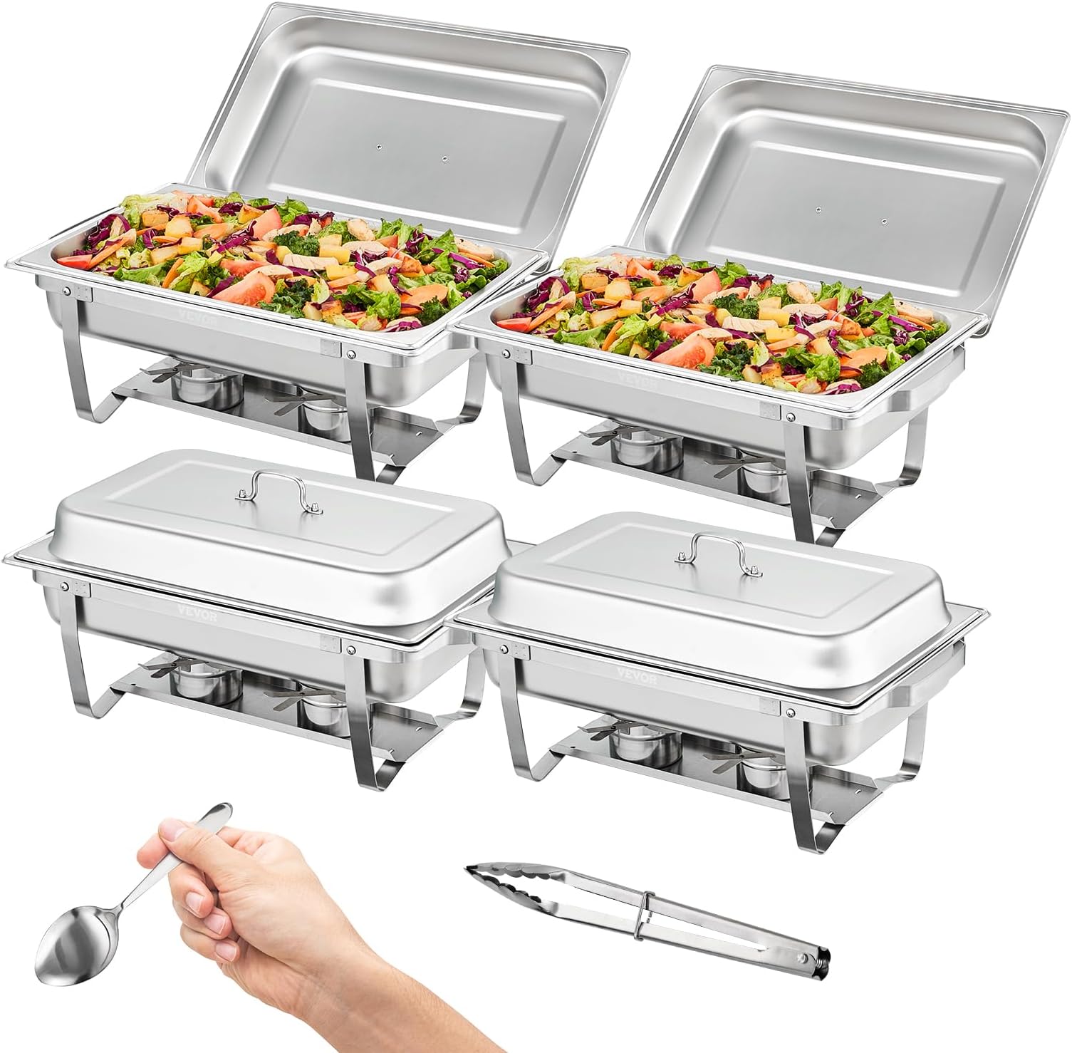 VEVOR Chafing Dish Buffet Set, 8 Qt 4 Pack, Stainless Chafer with 4 Full Size Pans, Rectangle Catering Warmer Server with Lid Water Pan Folding Stand Fuel Tray Holder Spoon Clip