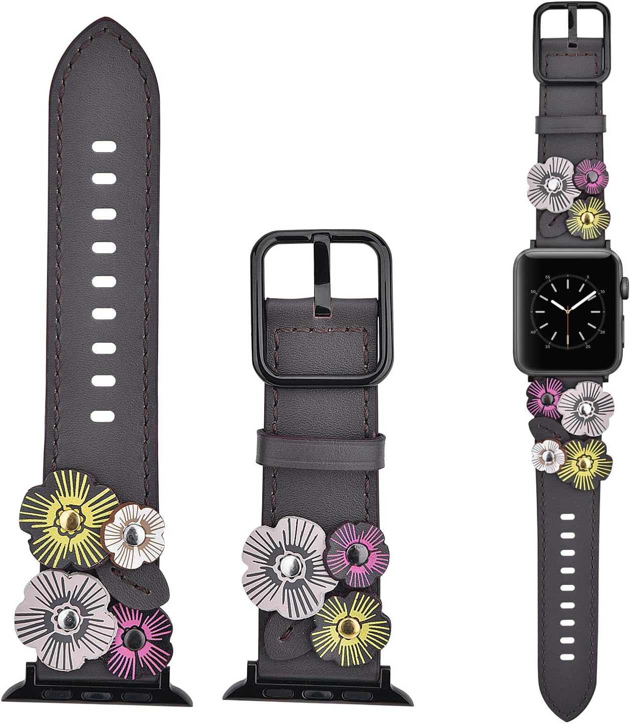 V-MORO Flowers Leather Bands Compatible with Apple Watch Bands 41mm 38mm 40mm Series SE 7/6/5/4/3/2/1 Women with Stainless Steel Buckle Black, iWatch Replacement Bands Strap Wristbands (Gray, 38/40/41mm)