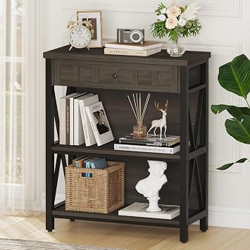 Rustic Small Bookshelf, Industrial Wood Book Shelf with Drawer, 3 Shelf Bookcase for Small Space, Low Book case for Living Room, Home Office Walnut Brown