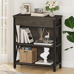 FATORRI Rustic Small Bookshelf Industrial Wood Book Shelf with Drawer 3 Shelf Bookcase for Small Space Low Book