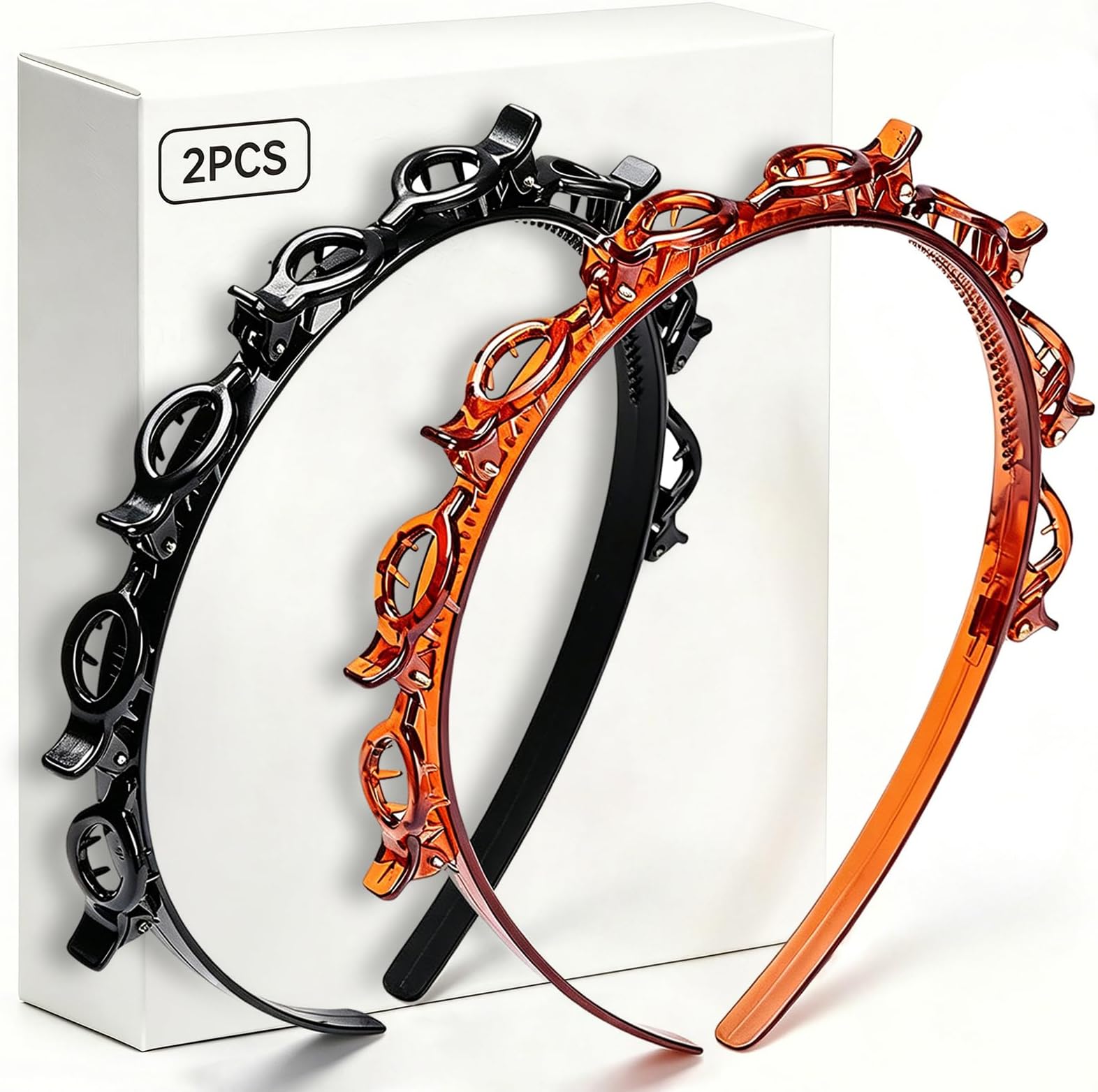 JASSINS 2 Pcs Double Bangs Hairstyle Hairpin Headband, Professional Weave Bangs Clip, Twist Clip Headband with Toothed Headband Braid Tool, Women Girls Fashion Hair Accessories (Black and Brown)