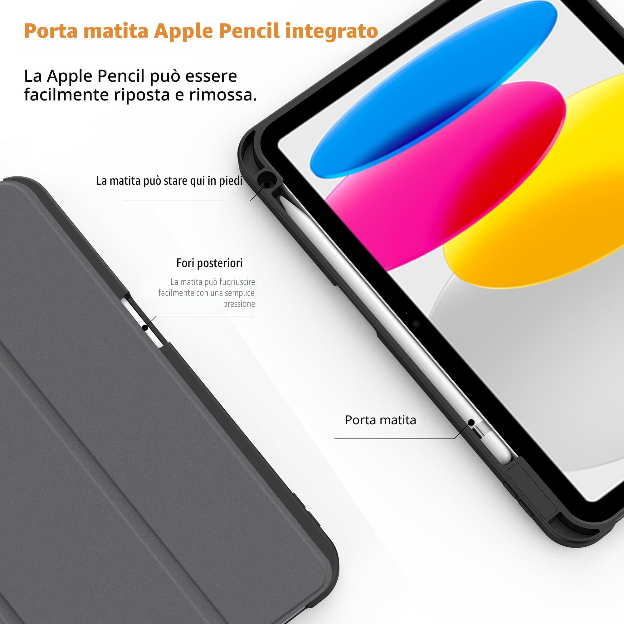 CACOE Custodia Cover Compatibile con iPad 11a Generazione 11" (2025) / iPad 10a Generazione 10.9" (2022), Ultra Sottile Retro Cover con Portapenne, Nero