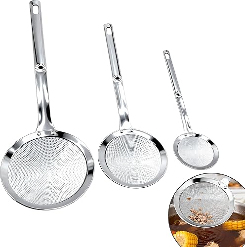 Paquete de 3 cucharas de malla fina, cucharones coladores de acero inoxidable 304 con asas largas, tamices de cocina extrafinos para aceite, grasa,