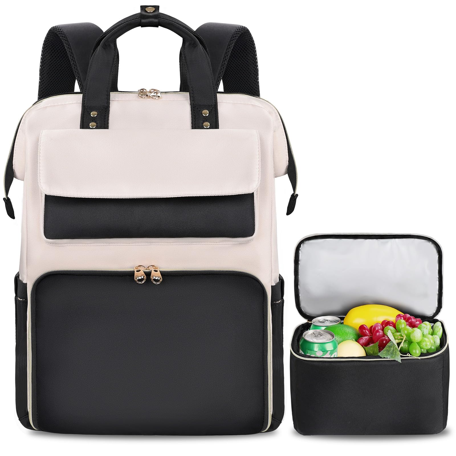 BERTASCHE Lunch Rucksack, Laptop Rucksack Damen 15,6 Zoll mit Isoliertes Kühltasche, 2-in-1-Arbeitsrucksack für Frauen/Arbeit/Business/Reisen/Lehrer/Schule/Uni，Schwarz-Beige
