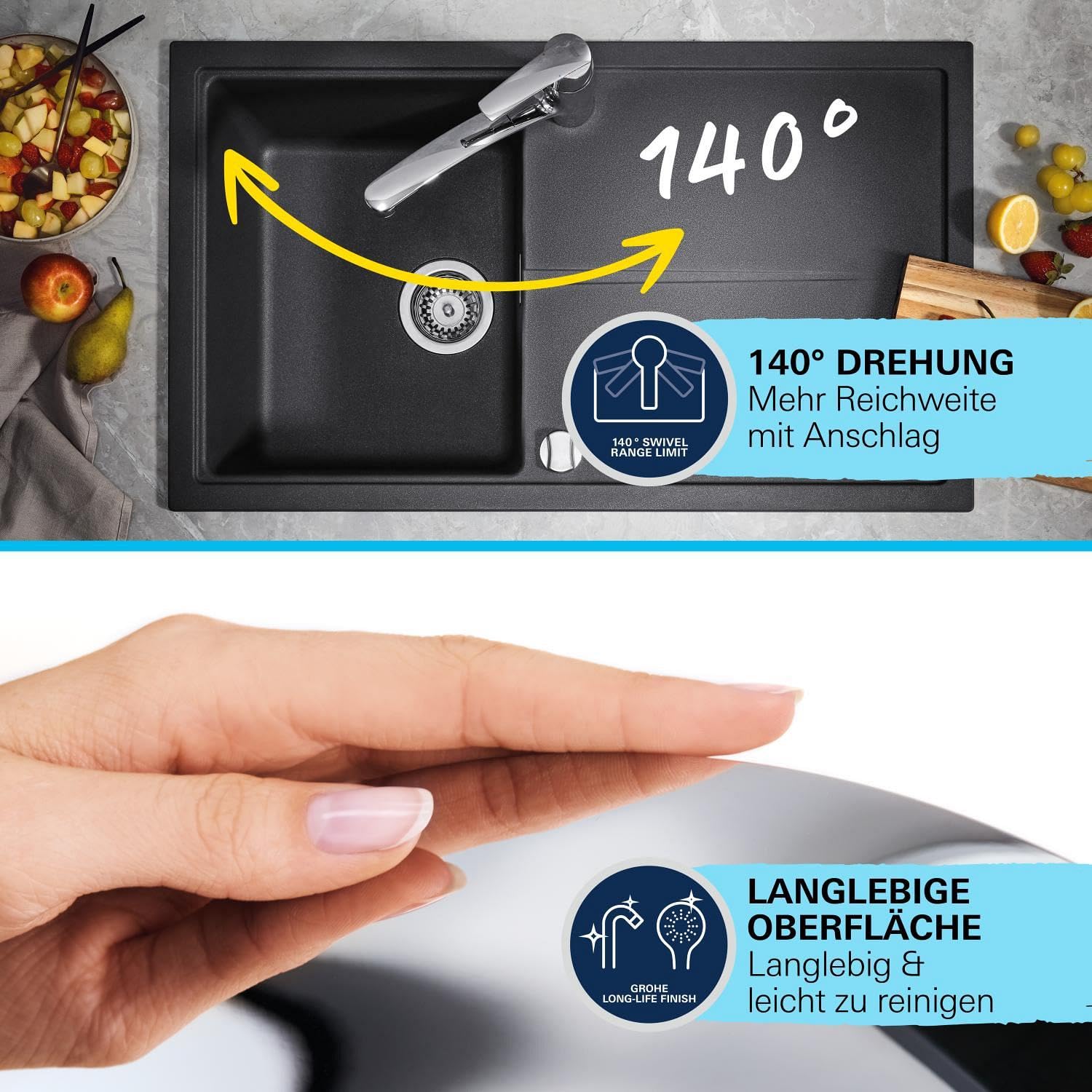 GROHE Start, Küchenarmatur mit flachem Auslauf (Wasserhahn für die Küche, 140° schwenkbar, wassersparend dank variabler Mengenbegrenzung, werkzeugfreie Spülbecken-Montage), chrom, 30530002