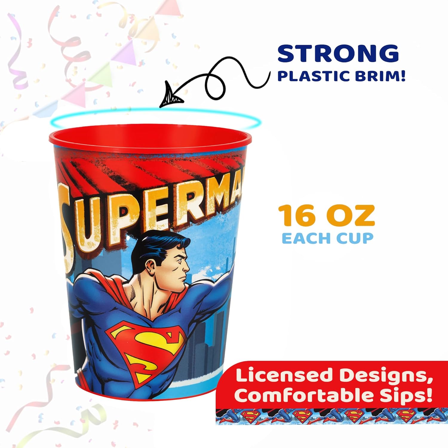 Unique Superman 12 Pack 16 oz Plastic Reusable Favor Cups – Birthday Party Supplies, Goodie Bag Favors, Kids’ Drinkware & Take-Home Gifts