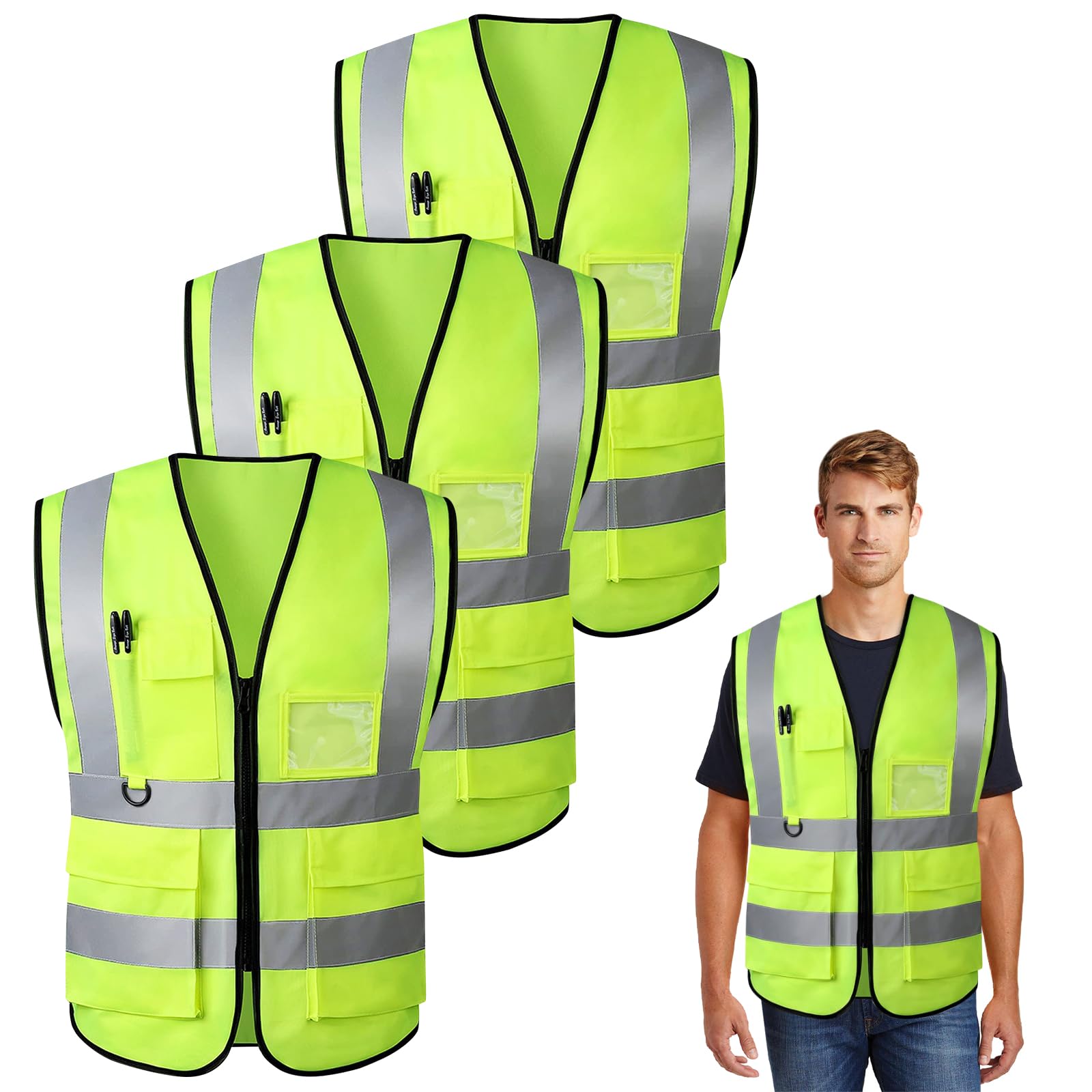 WenYa 3 Pack Hi Vis Vests, 5 Pockets High Visibility Reflective Vest, Safety Security Vest with Pockets Zipper, High Vis Jacket with Reflective Strips for for Men Women Outdoor