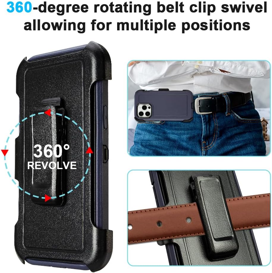 iPhone 13 Pro Max Case with Clip Belt Holster, Heavy Duty Shockproof, 3 Layers of Sturdy Protection, Drop Defender, Navy Blue