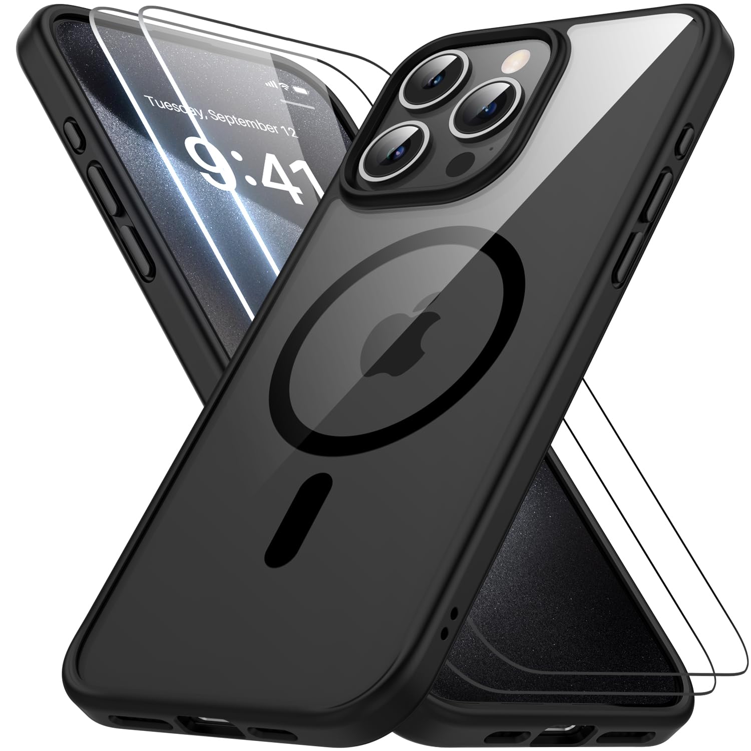 Magnetic Designed for iPhone 15 Pro Case with Mag-Safe, [Military Grade Drop Protection] [Not Yellowing][2* Screen Protector] 2023 Upgrade Strong Magnet Slim Phone Cover for Women Girls Men- Black