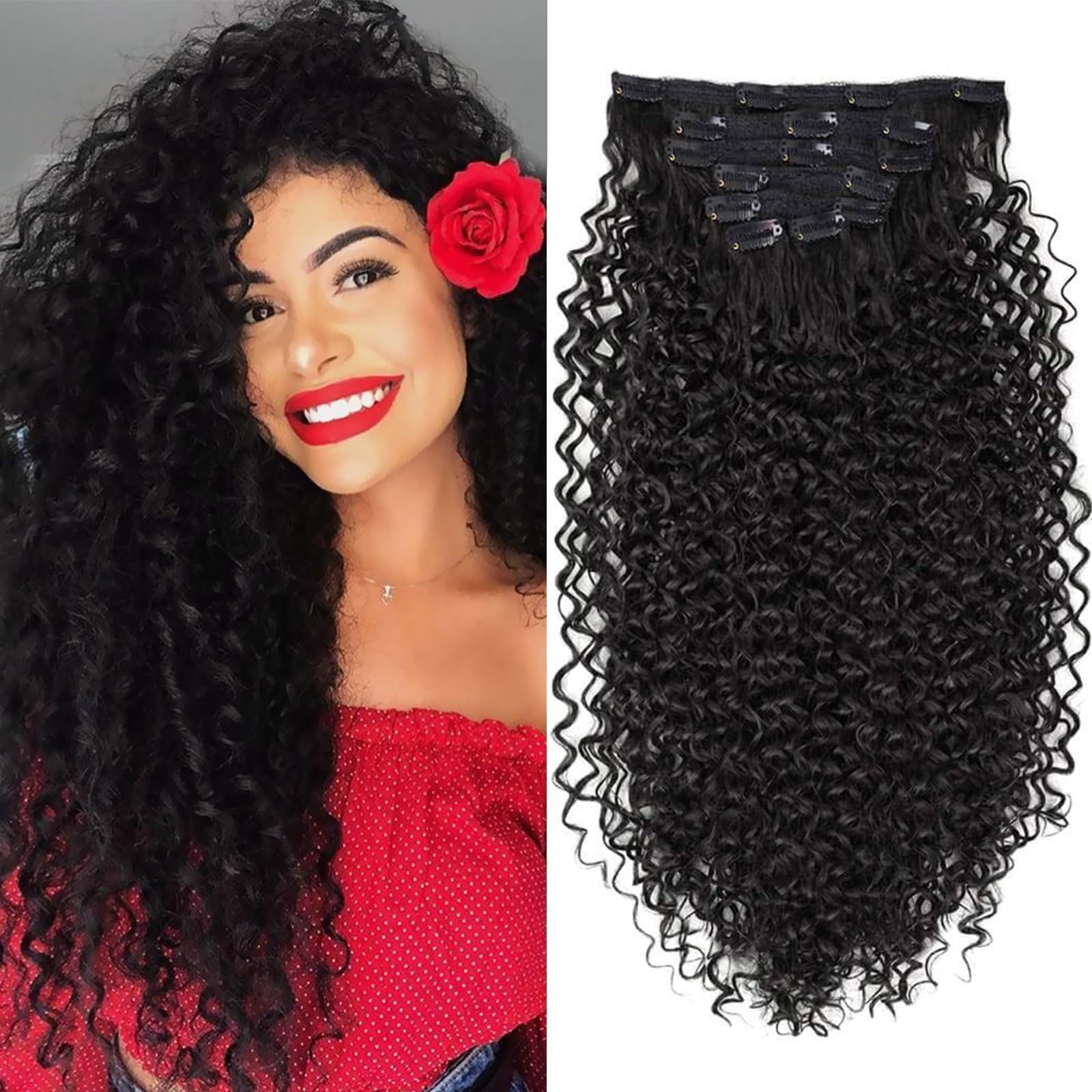 26 inch Kinky Curly Clip In Hair Extension, Double Weft Full Head Japanese Heat Resistance Fiber 140g Synthetic Hair Extensions For Women 7pieces (#2)