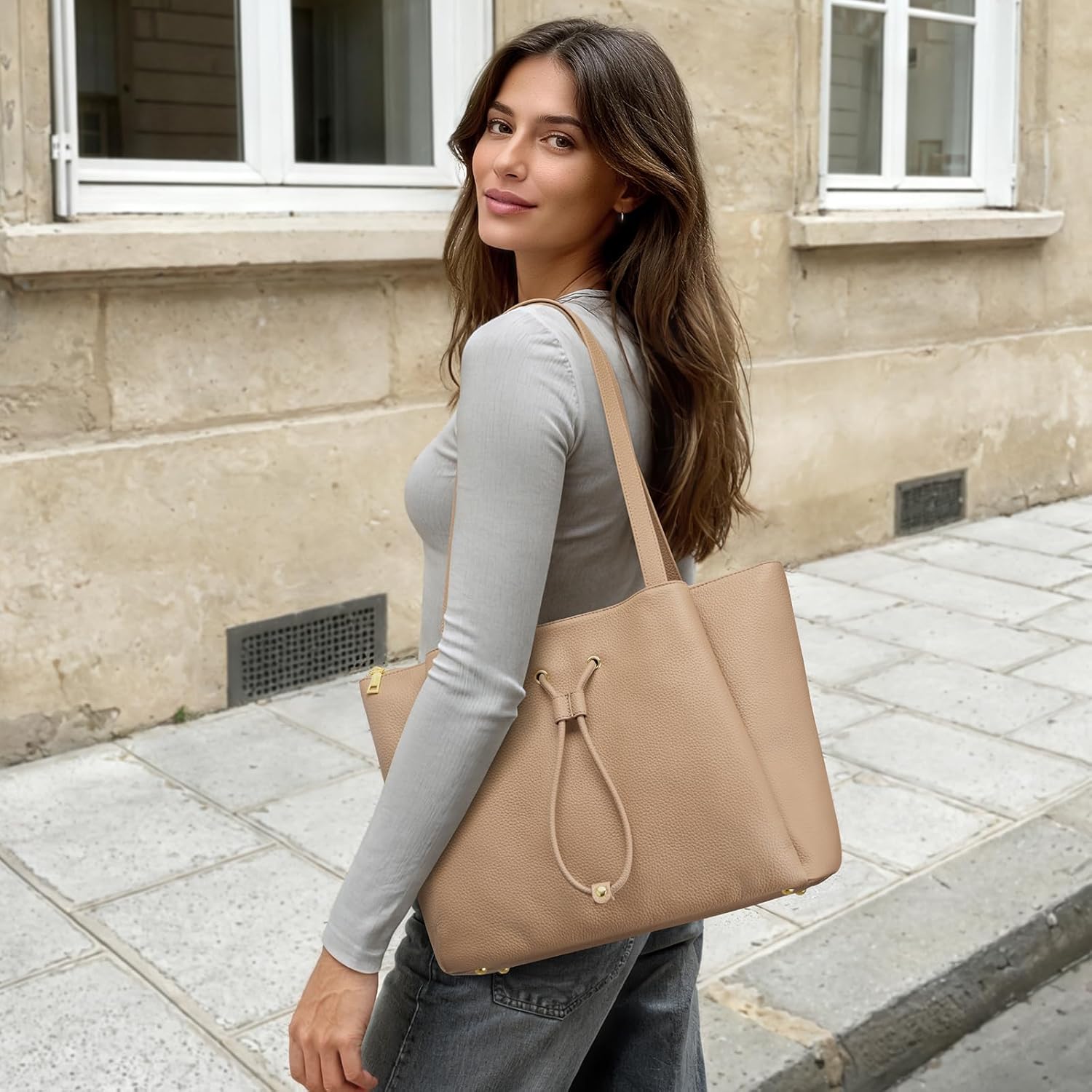 Kattee Work Tote Bags for Women, Large Genuine Leather Shoulder Handbags with Laptop Compartment - Image 2