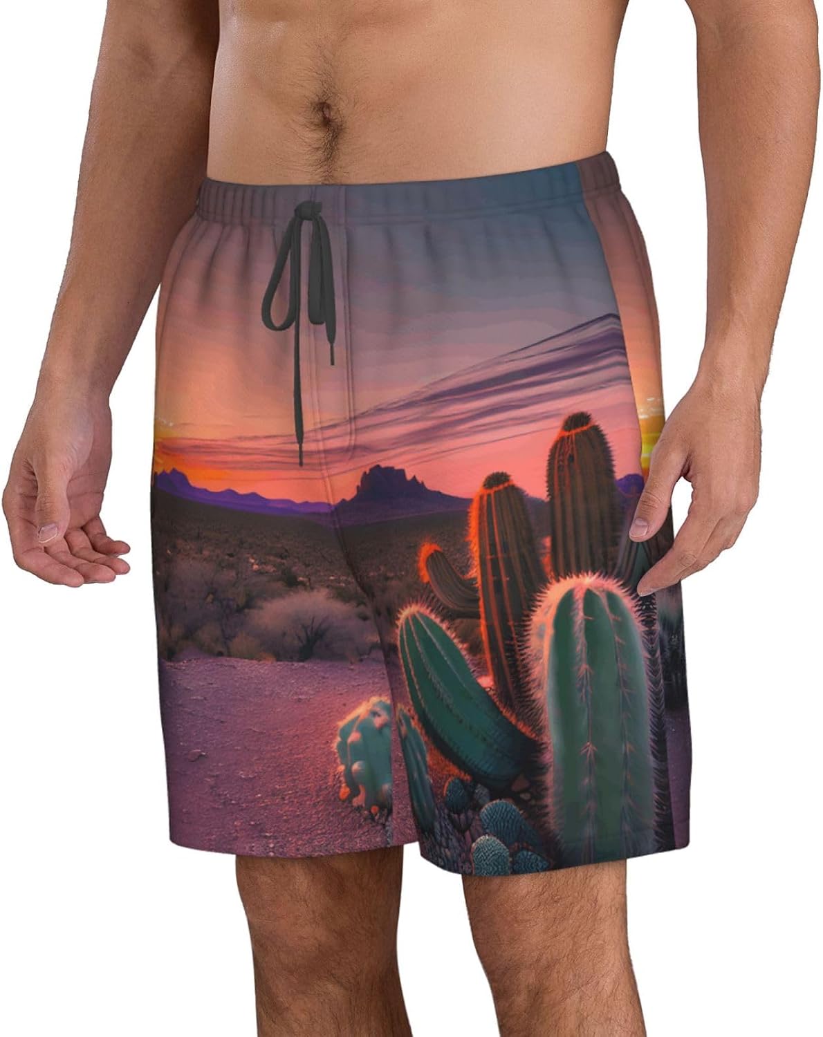 Cactus Desert Sunset Print Mens Casual Shorts Drawstring Summer Beach Stretch Shorts Novelty Swimtrunks