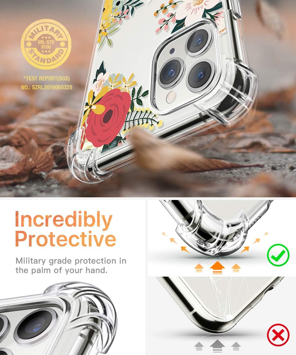 GVIEWIN Compatible with iPhone 11 Pro Case,Clear Flower Design Soft & Flexible TPU Ultra-Thin Shockproof Transparent Bumper Protective Cover,Case for iPhone 11 Pro 5.8 Inch 2019 (Flowering/Red)