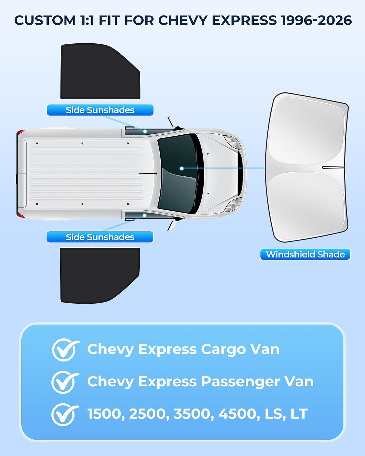 for Chevy Express 1996-2026 Cargo Van Windshield & Side Window Sun Shade Accessories, Privacy Window Covers for UV Blocker ＆ Heat Protector, 3Pcs Window Shades for Napping Camping