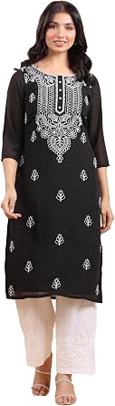 Janasya Indian Womens Georgette Black Embroidered Casual Wear Kurta for Women
