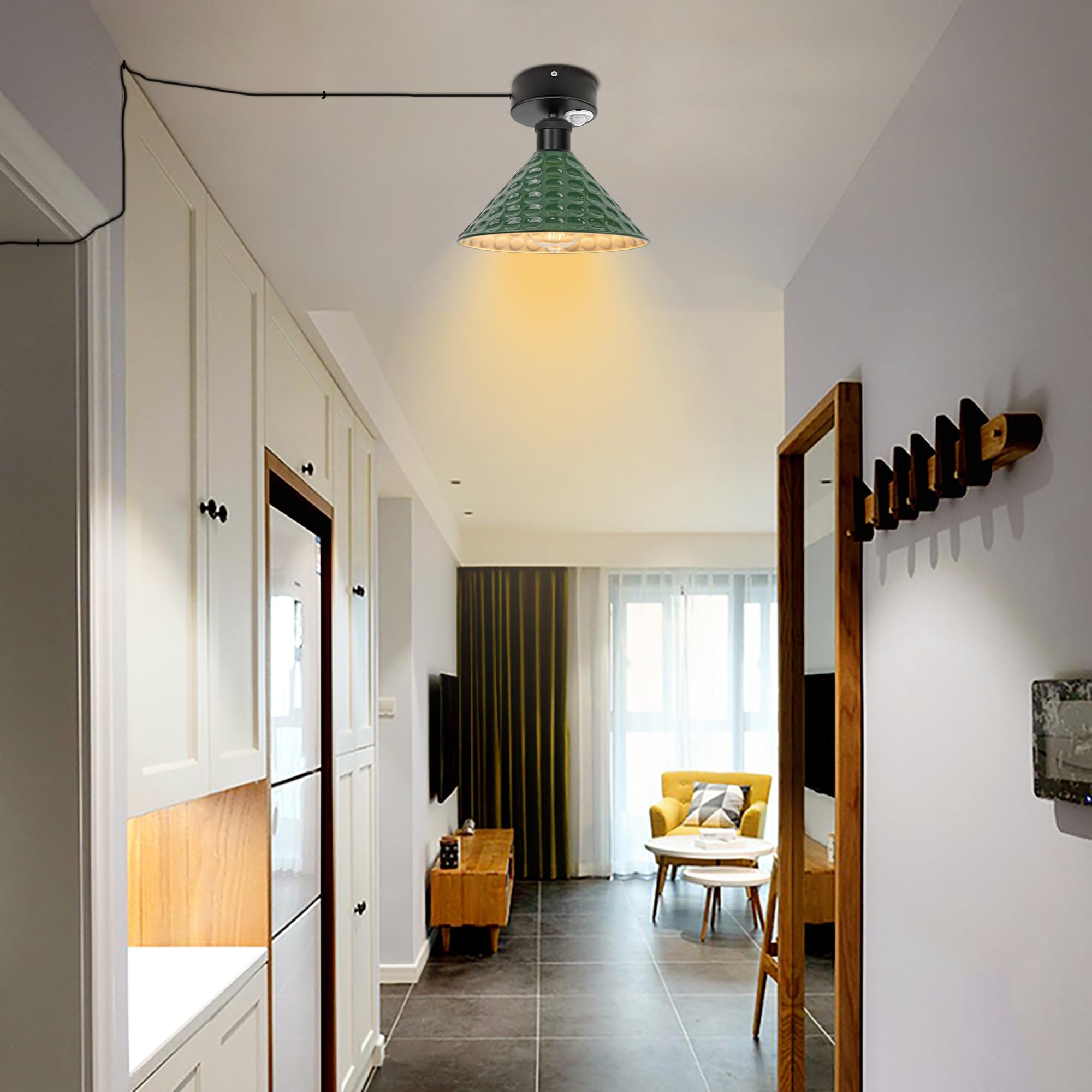 Lampada da soffitto con sensore di movimento interno, in ferro industriale, con sensore di movimento radar con cavo da 4,5 m e portalampada E27, per corridoio, bagno, scale, garage, verde