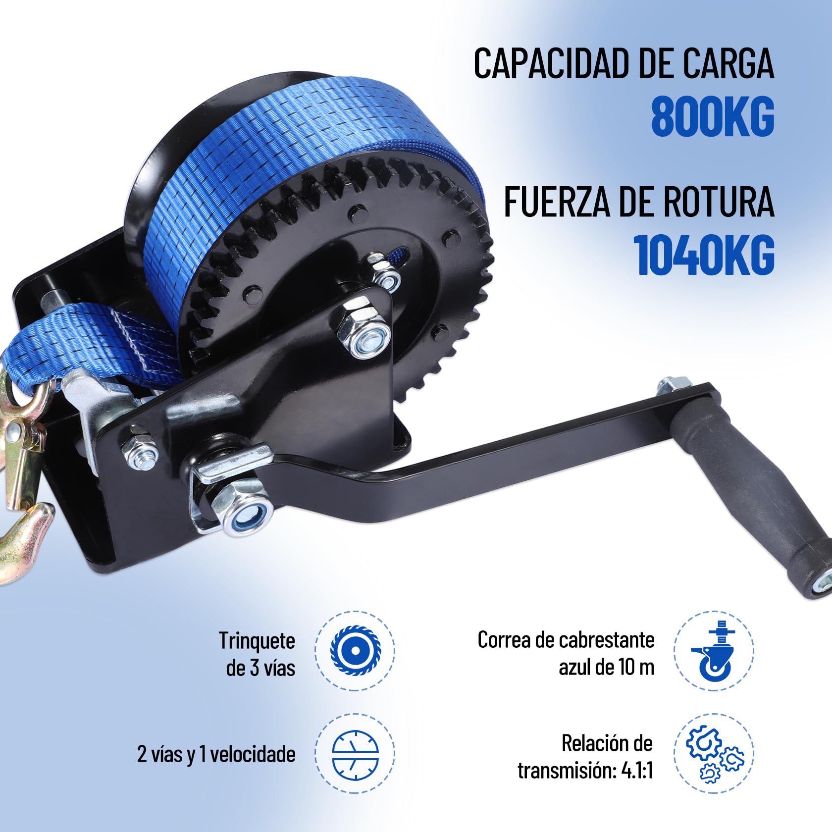 Pindex Cabrestante para barco con correa de 10 m, 800 kg, con antirretroceso | Con gancho de carga, palanca de bloqueo, tornillo, tuerca y arandela, para taller, garaje, remolque, dinghi, madera