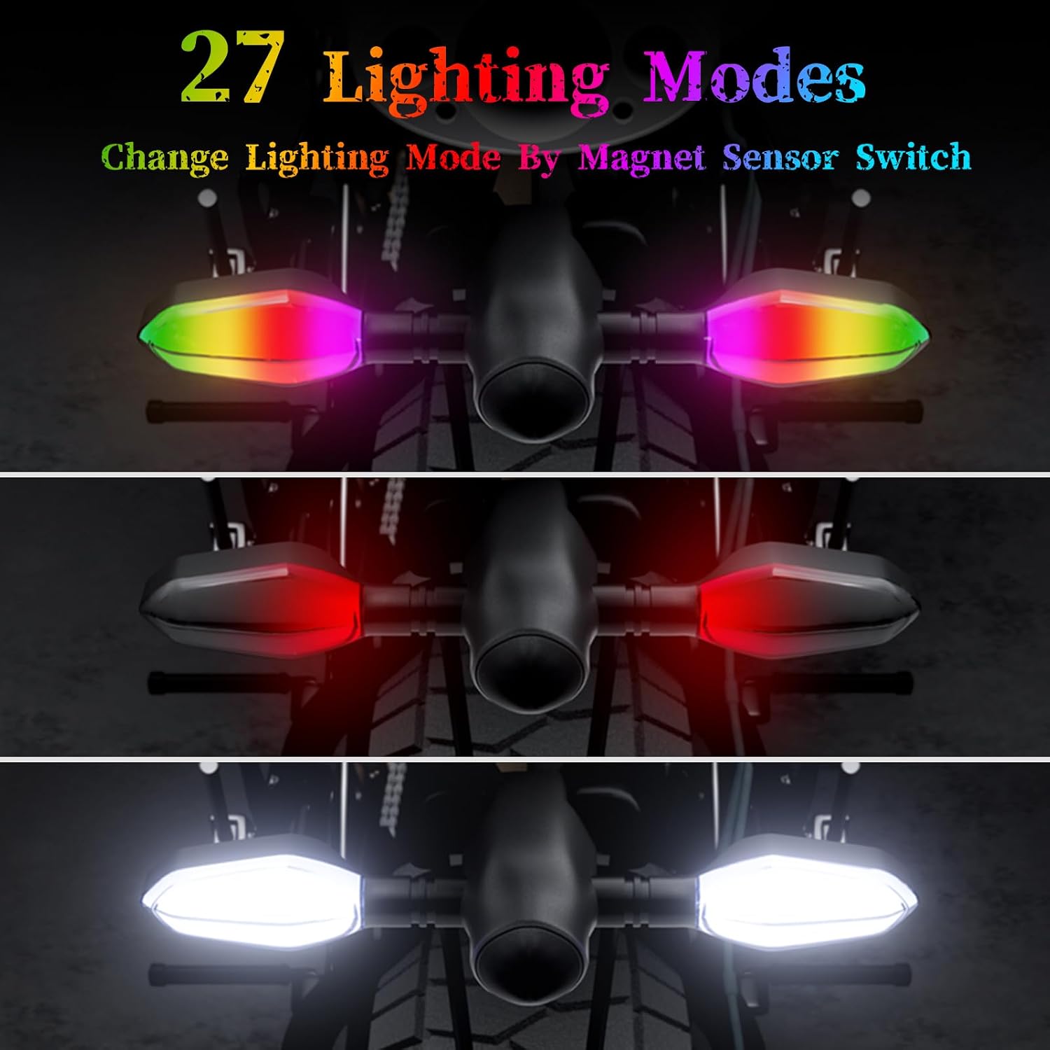 2PCS LED Motorcycle Turn Signals Projector Blinkers with Projection Arrow, Front Rear Turn Signal Lights for Motorcycles Indicators, 3 Wire, 27 DRL Light Modes