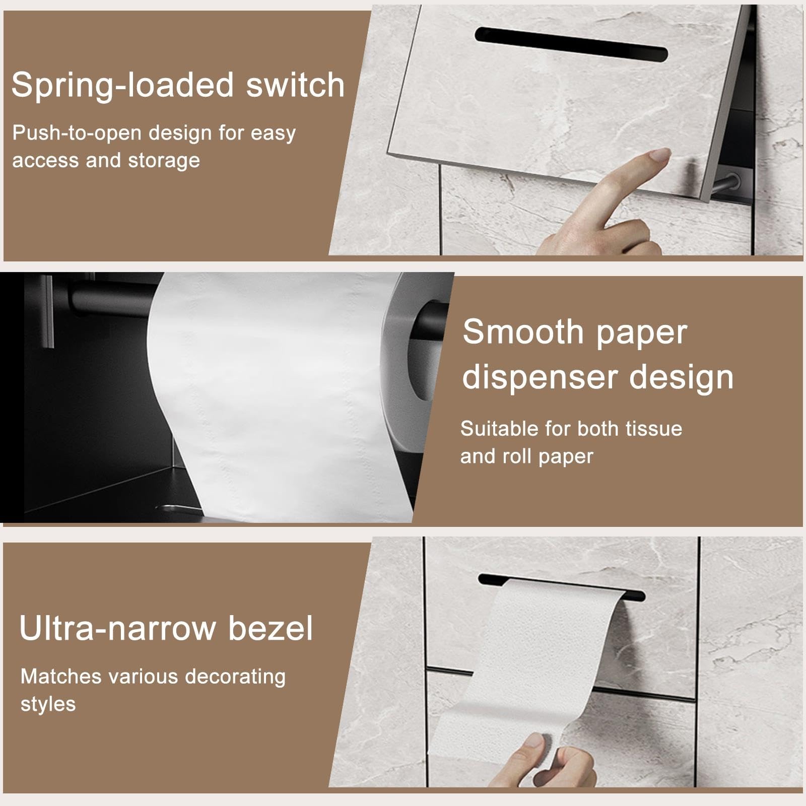 Nicho de Pared Empotrado Portarrollos, Papelera Oculta, Acero INOX 1mm