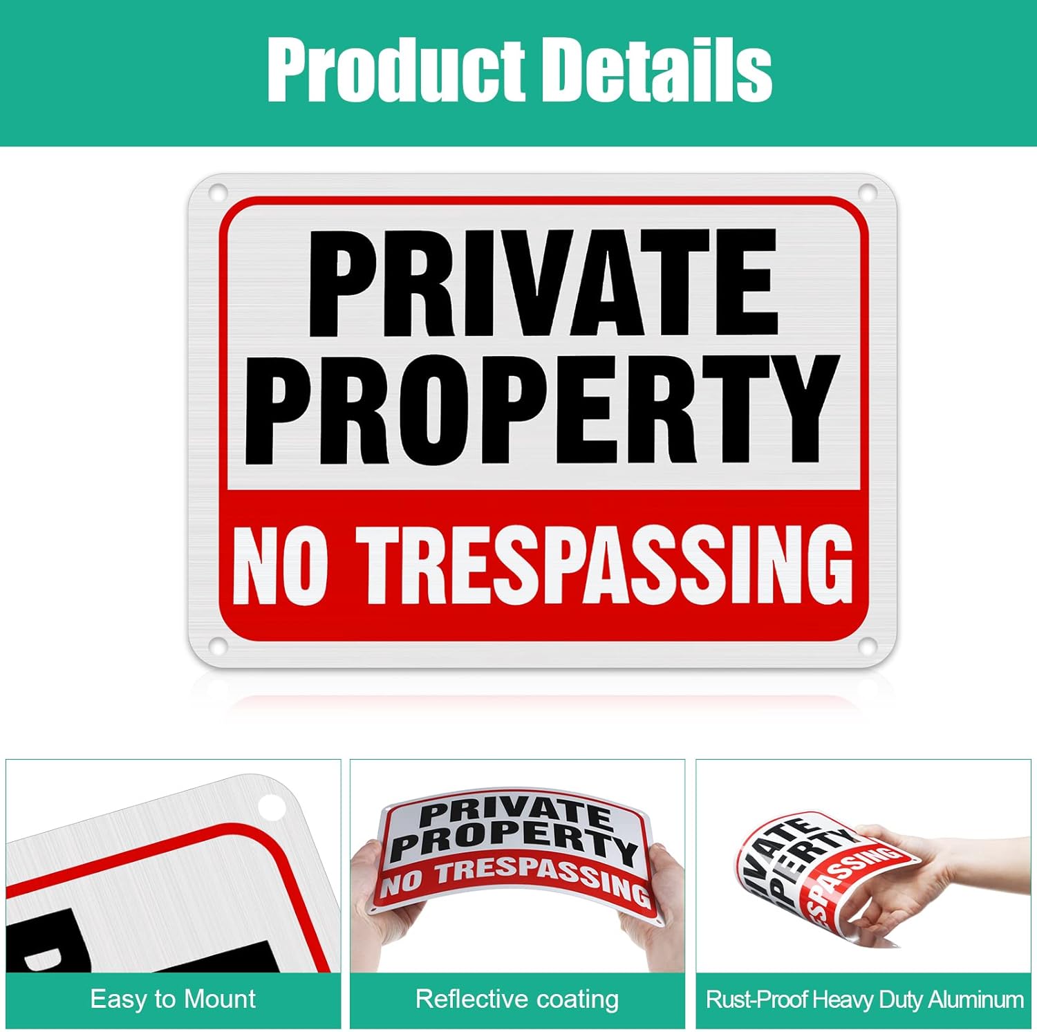 LEIFIDE 12 Pcs No Trespassing Private Property Signs 7" x 10" Metal Reflective Aluminum No Trespassing Sign Weatherproof Warning for Property Security Outdoor Yard Home(Red, Black, White)