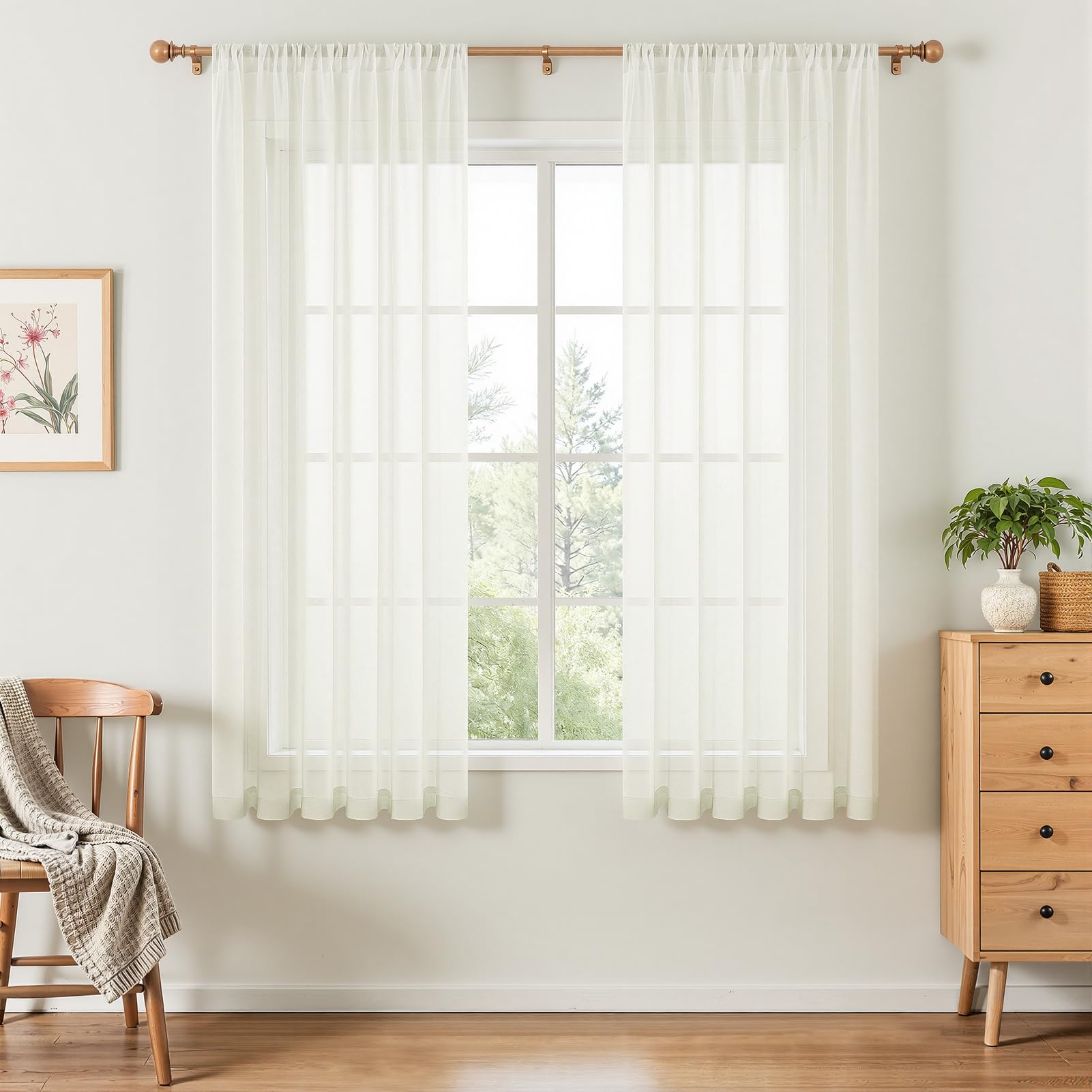 MRTREES Off-White Net Curtains with Rod Pocket, W54 x L45 Inch 2 Panels