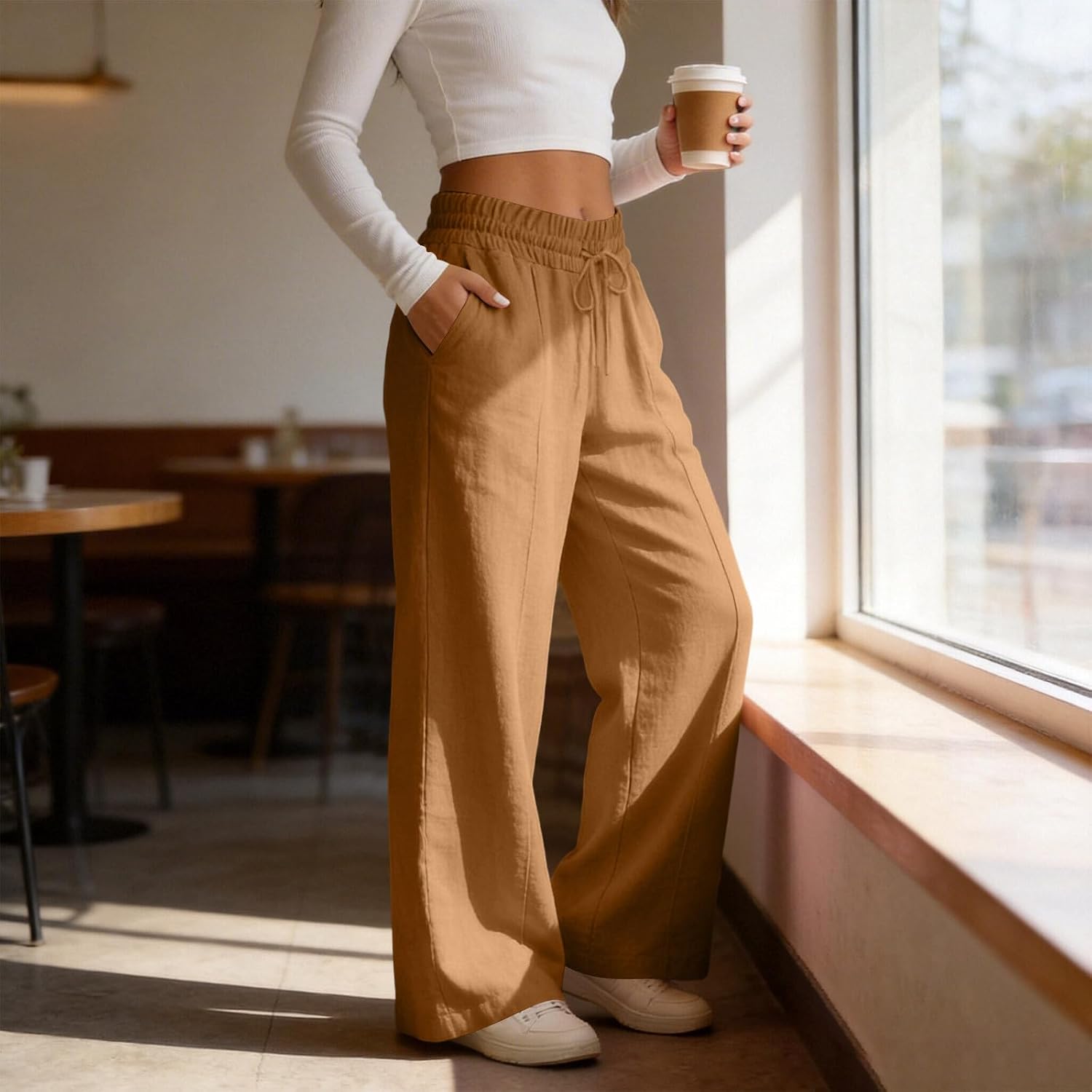 Women's Cotton Linen Pants Summer Straight Wide Leg Trousers Drawstring Elastic Waist Loose Beach Vacation Outfits