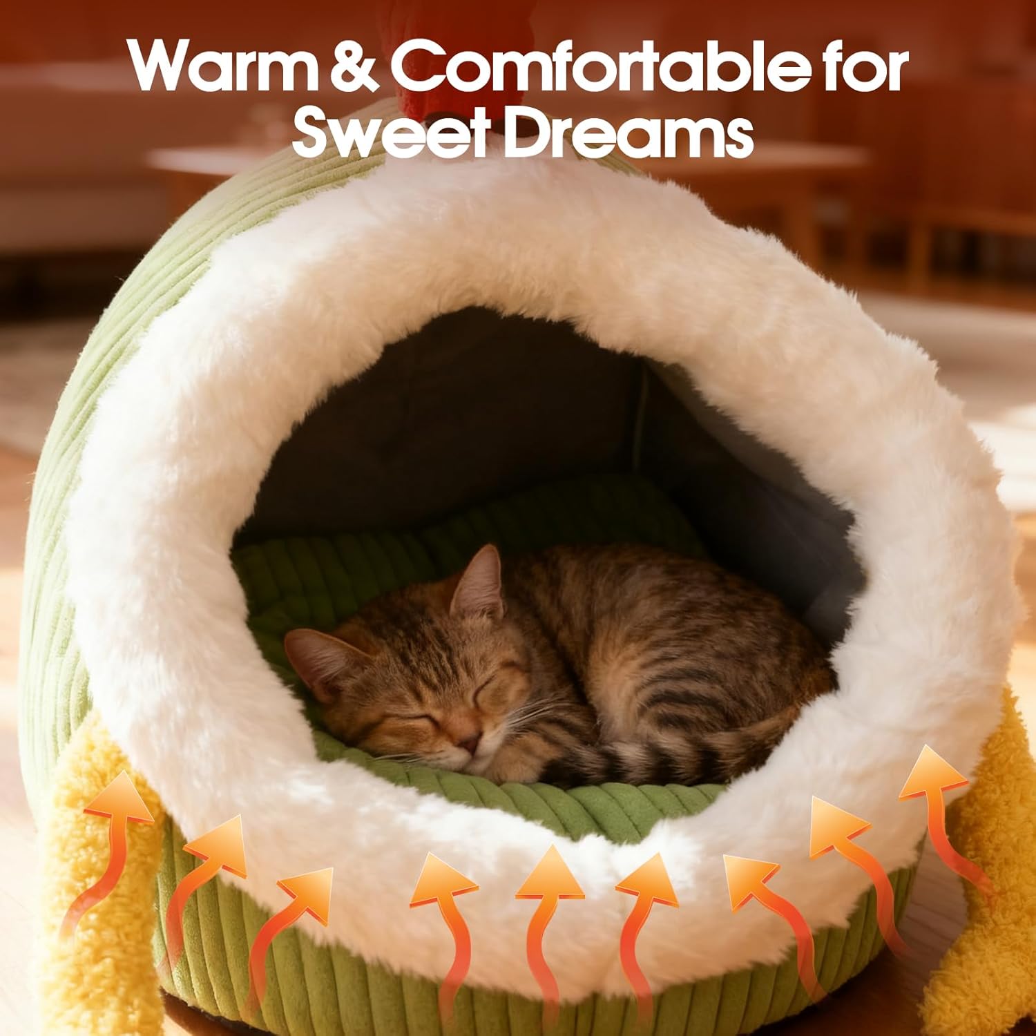 Cat Beds for Indoor Cats, Small Cave Bed for Kitten & Puppy, Warm Sleeping Nest for Pets with Plush Washable Cushion & Non-Slip Bottom(Green, Medium)