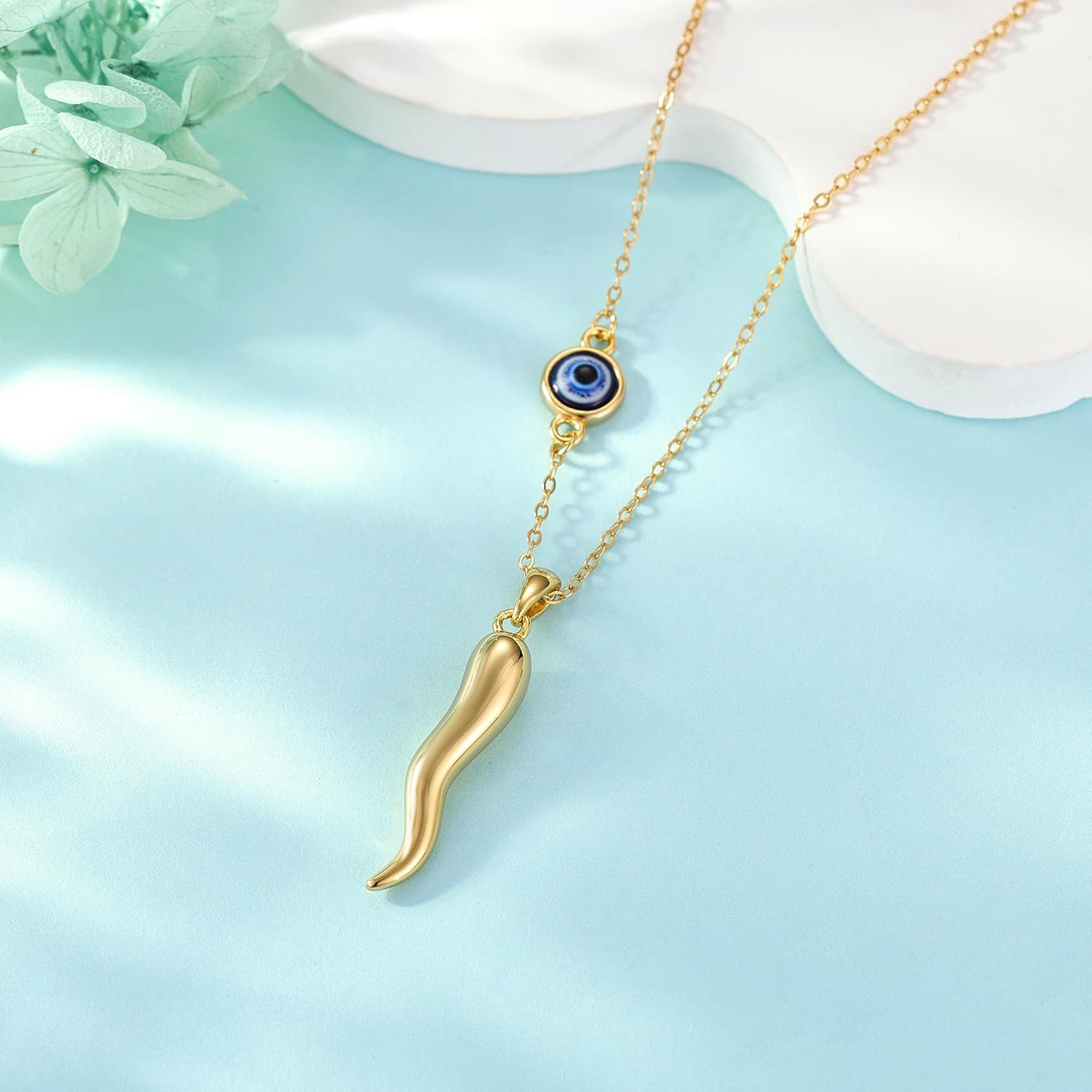 Italian Horn Necklace for Women 14K Gold Plated Sterling Silver Evil Eye Pendant Necklace Jewelry Gift for Women - Image 2