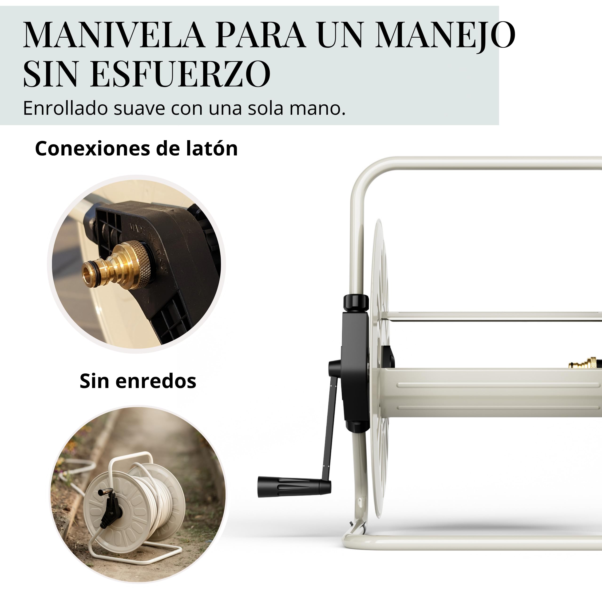 Livlig53 LIVLIG - Carrete de manguera de metal con recubrimiento en polvo, fabricado en Italia, soporte para manguera de jardín de hasta 50 m, montaje en pared y suelo, Greige