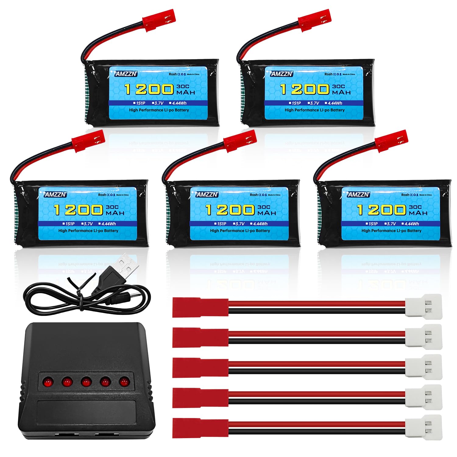 5PCS 3,7V 1200mAh 30C JST Plug Lipo batterie avec chargeur 5-en-1 pour MJX T04 T05 T25 X900 X9TW V2400HD V2450FPV V2450GPS télécommande drone