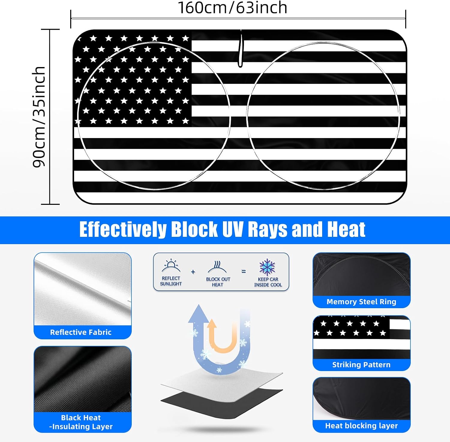 Foldable Windshield Sun Shade with American Patriotic Design-Front Window Sunshade for Cars, Trucks, SUVs Blocking Harmful UV Rays & Heat, Keep Interior Cool, Super Easy to Use & Store