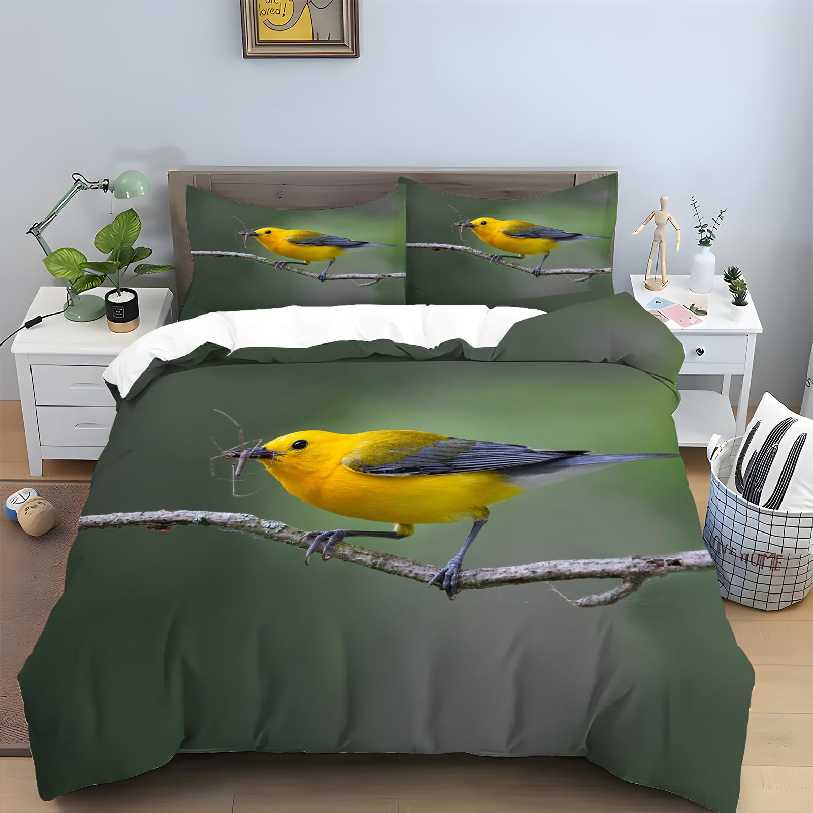 Green Willow Warbler zestaw pościeli w rozmiarze king size - nadruk ptaka poszewka na kołdrę + 2 poszewki na poduszki 48 x 74 cm, 110 g mikrofibra nadająca się do prania, hipoalergiczna z zapięciem na zamek błyskawiczny