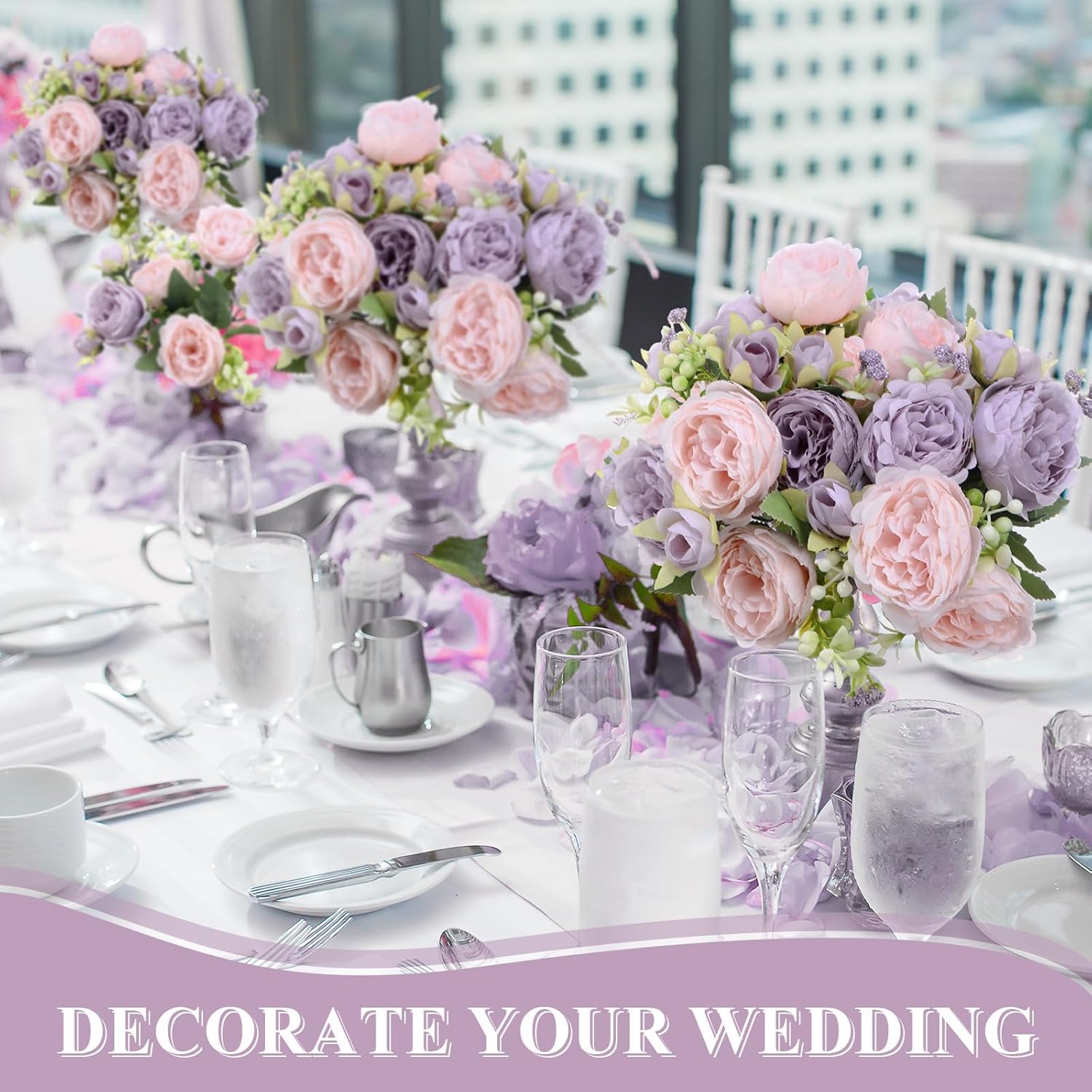 8 Bundles Artificial Peonies Flowers Boho Faux Flowers Arrangements Artificial Centerpiece Spring Bouquet Floral Wedding Decoration for Vase(Pink, Purple) - Image 4