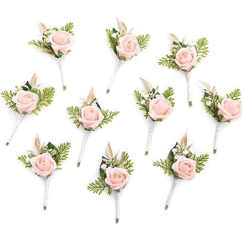 Ling's Moment Blush Boutonniere for Men Wedding with Pins, Set of 10, Groom and Groomsmen Boutonniere for Wedding Ceremony Anniversary, Dinner Party,Prom Flowers and Fall Vintage Wedding