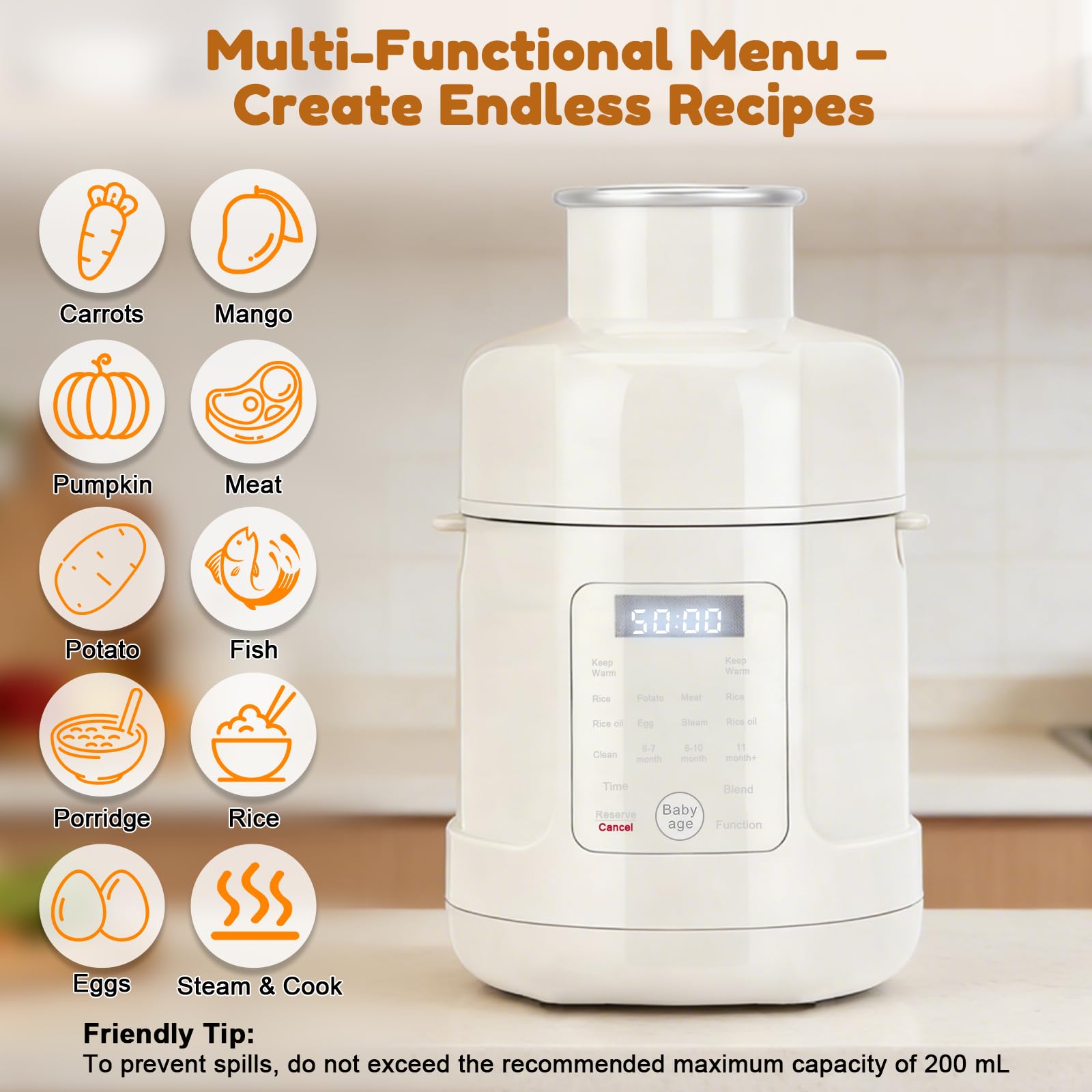 Robot cuiseur mixeur bébé 500W — Tout-en-un : cuiseur vapeur, mixeur, chauffe-biberon — Purées pour tous âges — Écran tactile, programmes préréglés, auto-nettoyage — Acier inoxydable