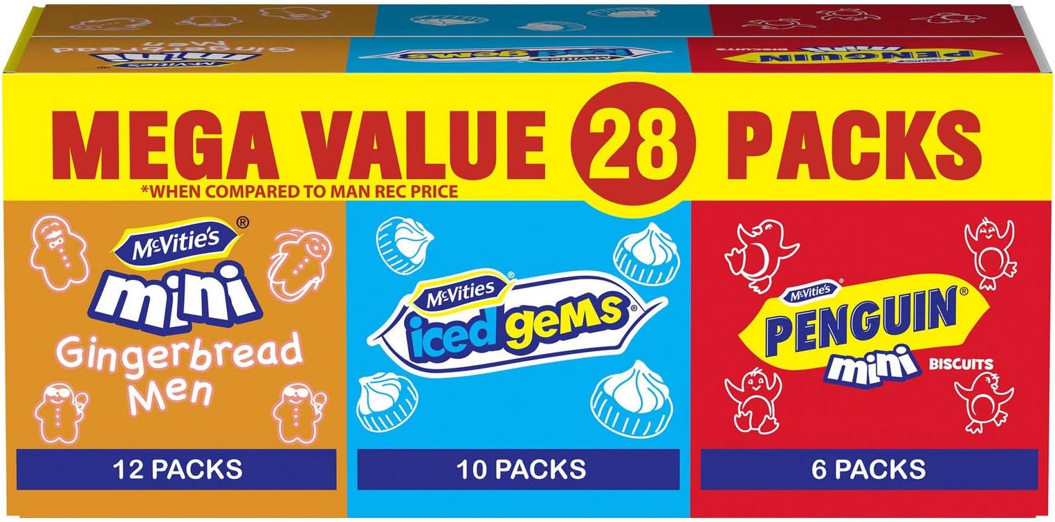 McVities Mega Value 28 Packs 12 Mini Ginger Bread Men, 10 Iced Gems& 6 Mini Cookies