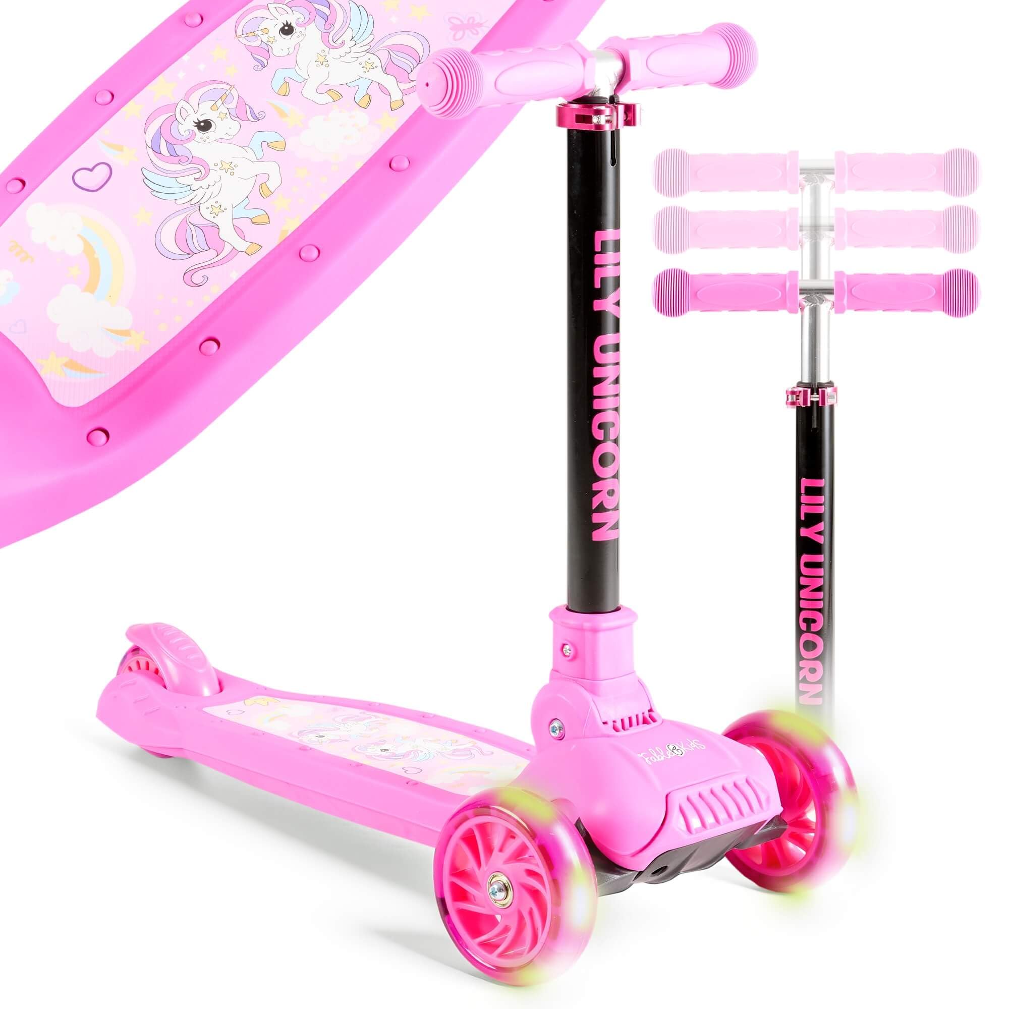 FableKids Kinderscooter Cityroller Tretroller Scooter höhenverstellbar | klappbar | LED-Räder | Tritt-Bremse | für Kleinkinder ab 3 Jahren | bis 50 kg belastbarer Roller | Kickroller