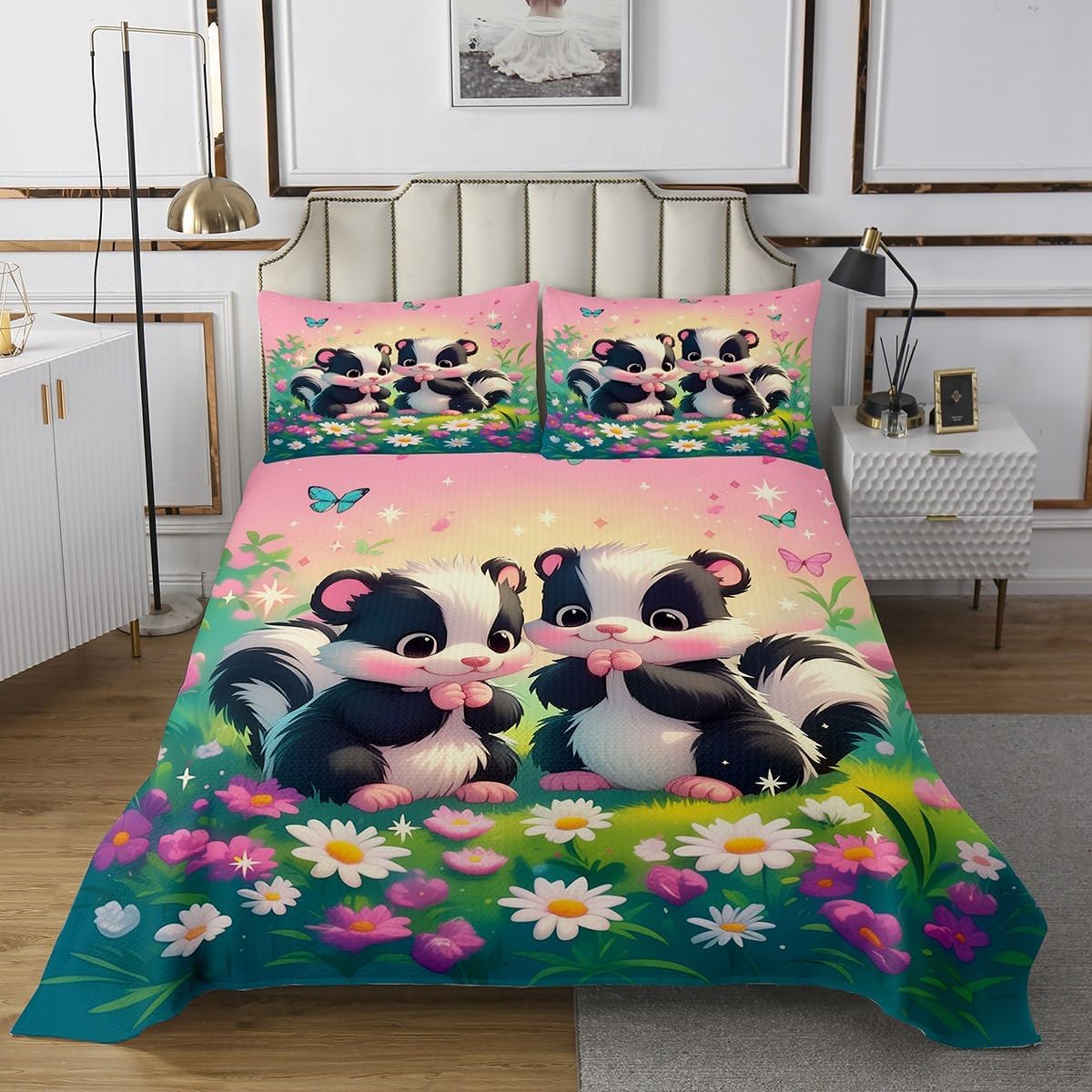 Erosebridal Cute Skunk Queen Bedspread Set for Girls,Cartoon Animal Quilt Set Pink Kawaii Skunk Coverlet Set Aesthetic Flowers Butterfly Bedding Set for Kids Teen Women
