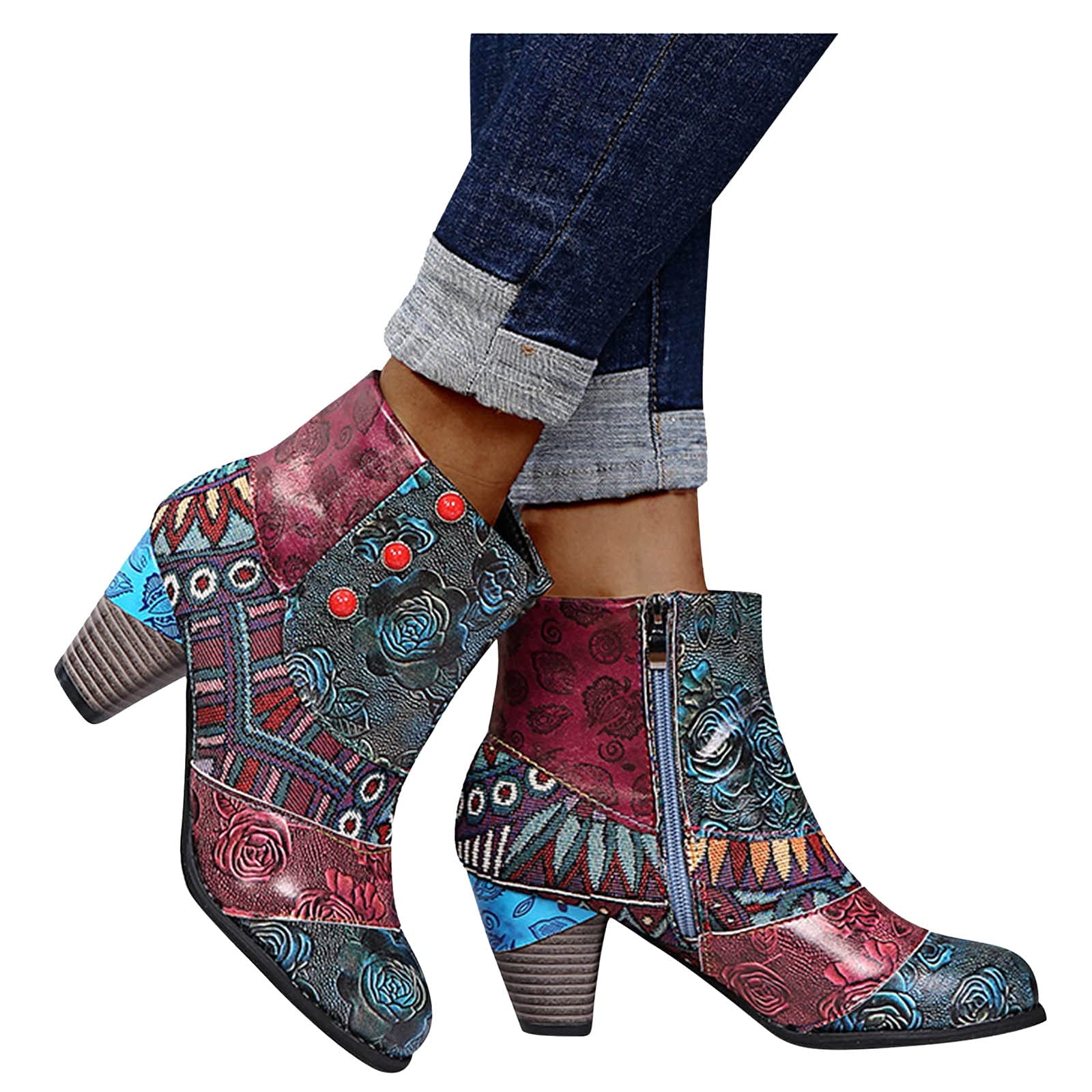 Bottes western pour femme - Vintage - En cuir - Fleurs - Bottes courtes - Bottes de motard - Bottes de cowboy - Bottines d'équitation - Bottines de cowboy - Bottines de travail à enfiler
