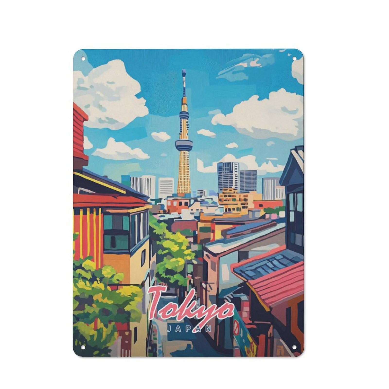 Junmoney Style-12 Retro Metal Wall Sign 40X30cm Featuring Tokyo Skyline Painting For Pub Or Café, For Garage, Workshop And Man Cave Decoration