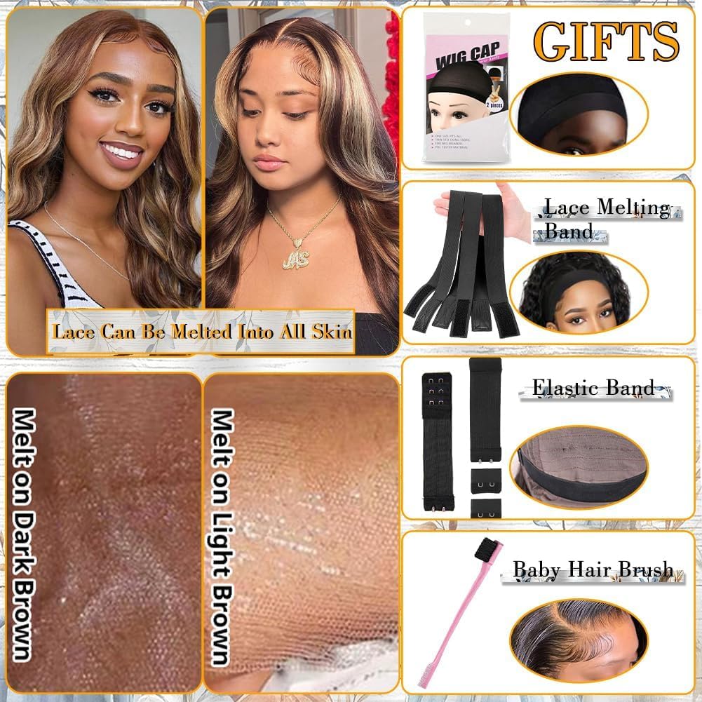 Azkiu Highlight Ombre Lace Front Wigs Human Hair 4/27 Honey Blonde lace frontal Wigs Pre Plucked with Baby Hair 13x4 HD Colored Body Wave Lace Front wig Human Hair Natural Hairline 220% Density 26Inch