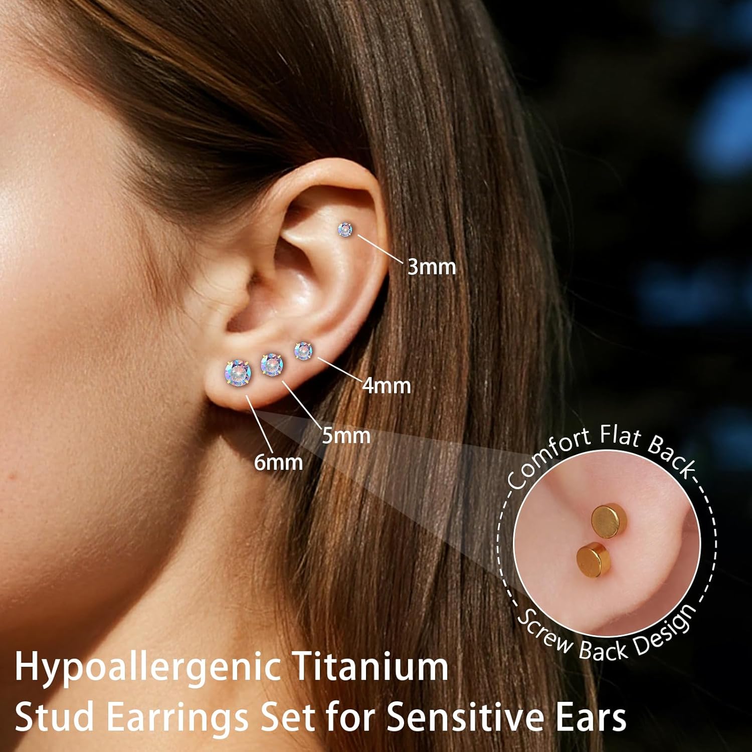 limerencia 4 Pairs G23 Hypoallergenic Flat Back Titanium Earrings Set for Women Men,20G 3-6mm Screw Back Cubic Zirconia Studs Cartilage Earrings for Sensitive Ears - Image 2