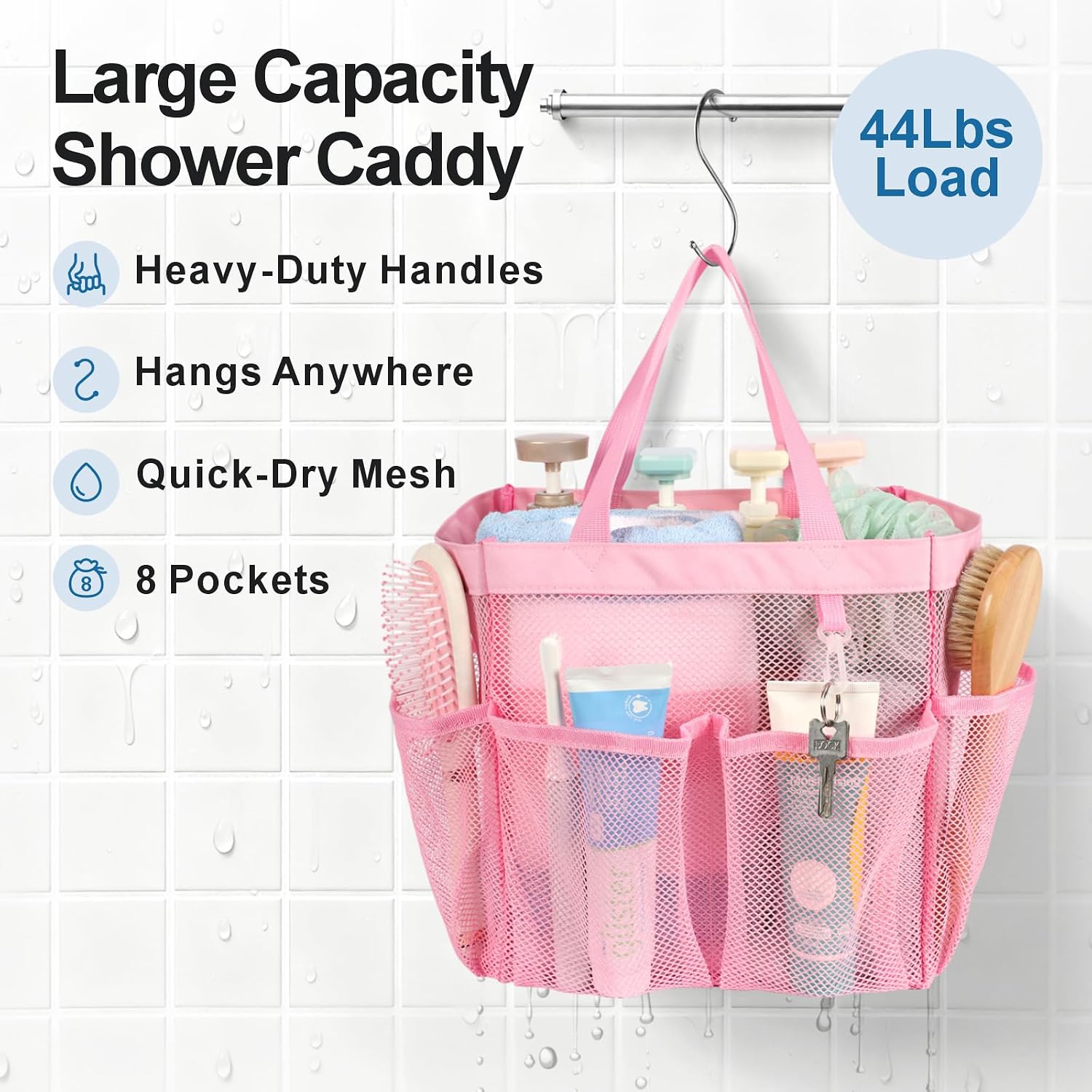 Mesh Shower Caddy Portable - 8 Pockets, S-Hook, Shower Bag for Dorm Camping image 3