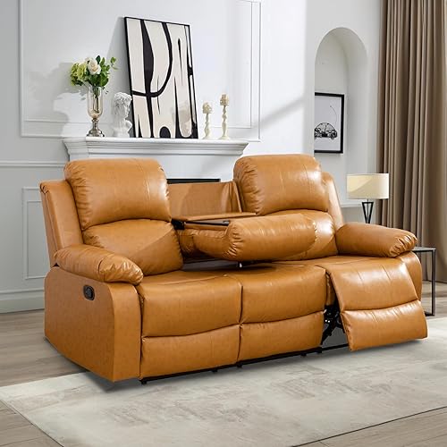 Miniatura 22 de Conjunto de sofá reclinable manual con mesa desplegable, 3 piezas de sofá reclinable de cuero marrón, juegos de muebles para sala de estar, sofá