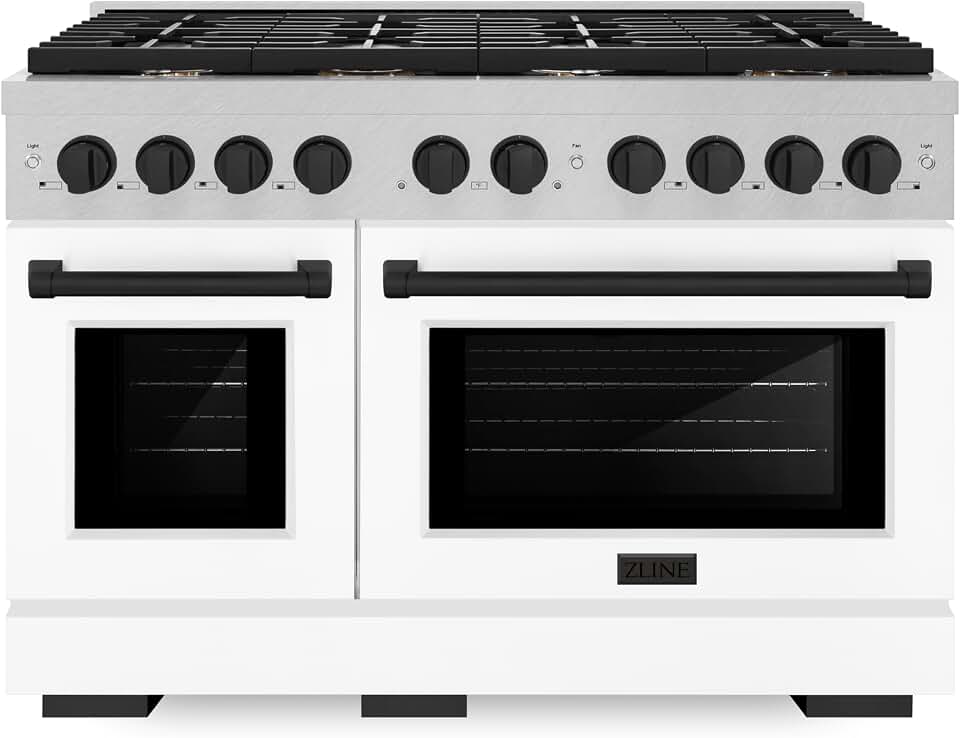 ZLINE Autograph Edition 48 in. 6.7 cu. ft. Paramount Double Oven Gas Range with 8 Burner Cooktop in Satin Stainless Steel with White Matte Doors and Matte Black Accents (SGRSZ-WM-48-MB)