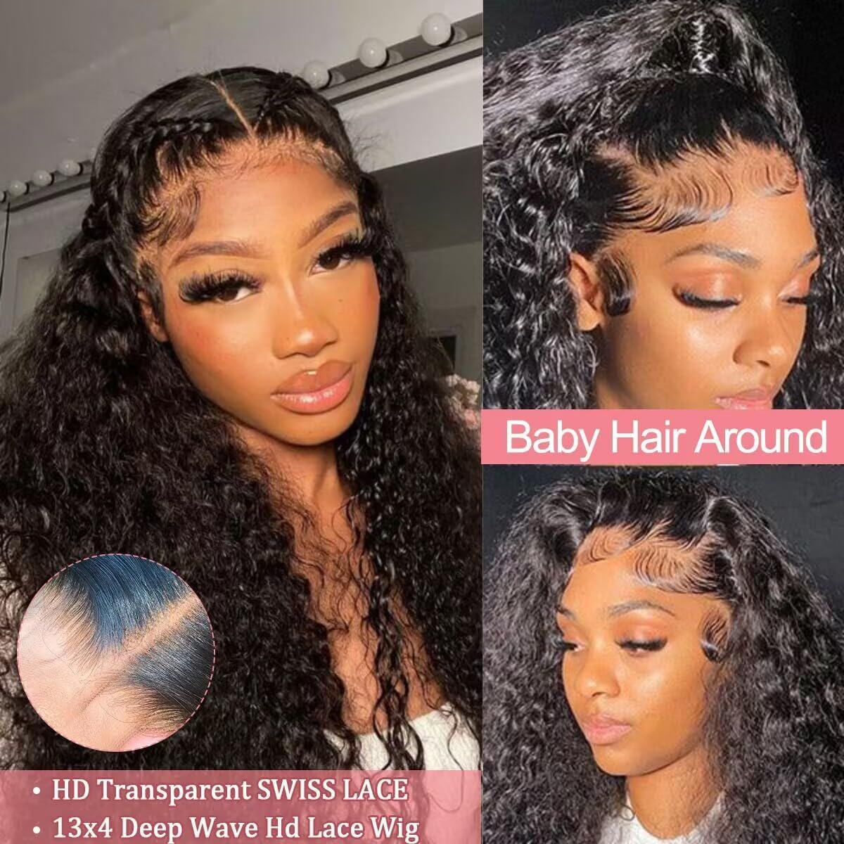 34 Inch Deep Wave Lace Front Wigs Human Hair 13x4 HD Transparent Deep Wave Frontal Wigs Human Hair Glueless Curly Wigs for Women 220% Density Curly Lace Front Wig Pre Plucked with Baby Hair