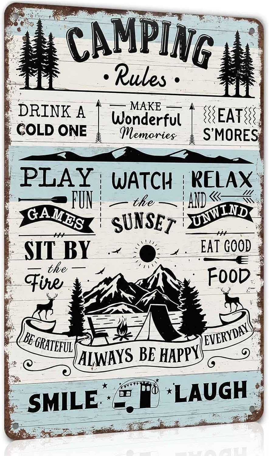 Camping Rules Funny Inspirational Metal Sign 8 x 12 Inch