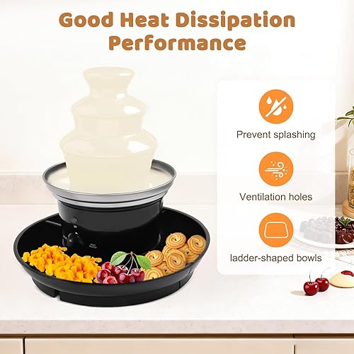 Vista 4 de Fuente de fondue de chocolate, fuente de fiesta de 3 niveles de 40 W, motor de calefacción de fuente de acero inoxidable, derretidor de chocolate