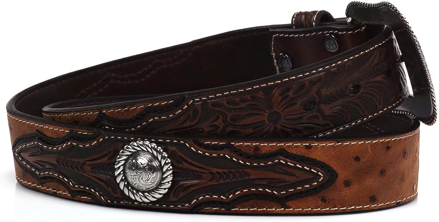 ARIAT Men's Faux Ostrich Leather Belt with Floral Emboss and Silver Conchos - Image 3